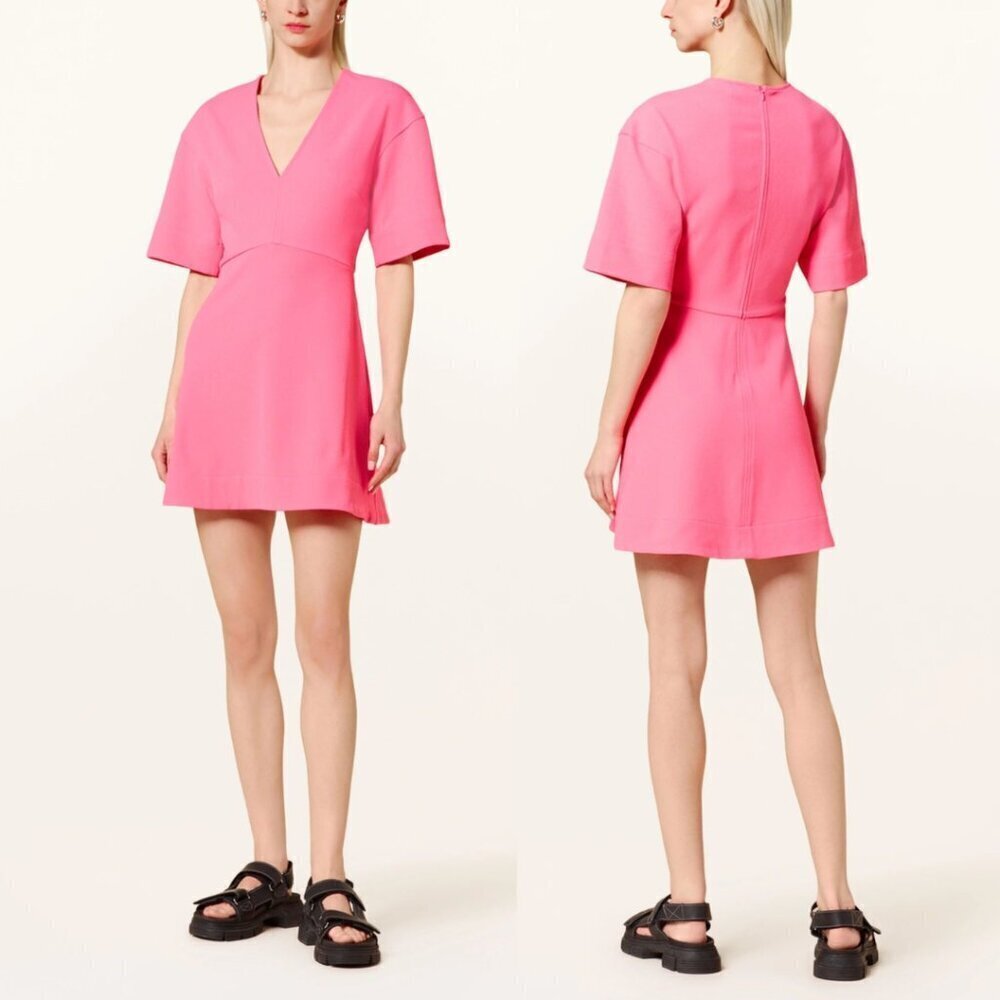 Ganni Short Sleeve V-Neck Mini Dress In Pink